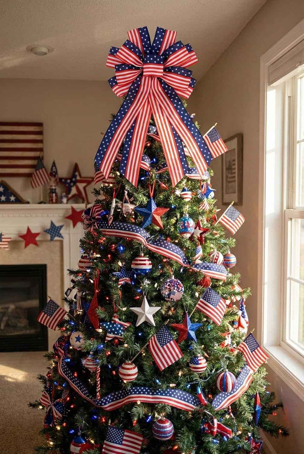 Patriotic Classic Large Red White Blue Bow - 20.87" Wired Edge Pre-Made Flag Bow for Wreaths & Doors