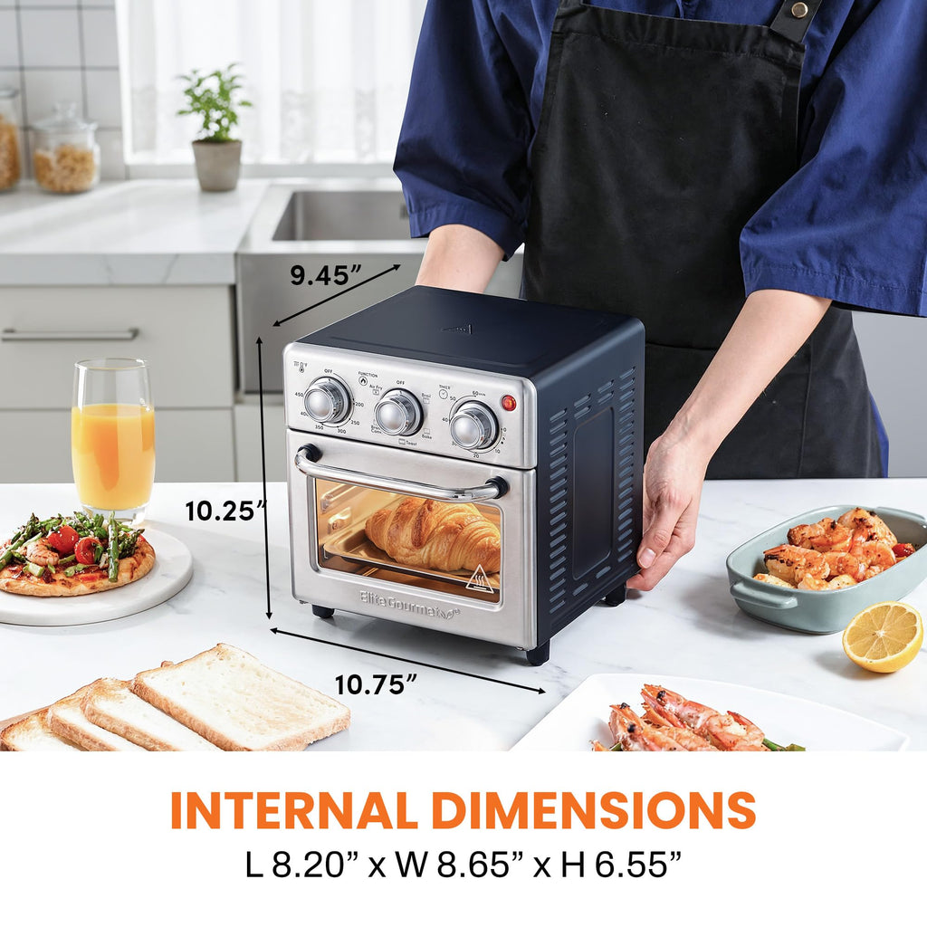 Elite Gourmet Compact 8.5Qt Air Fryer Oven – Mini Countertop Air Fryer with Adjustable Time & Temperature Controls, 800W, Includes Air Fry Basket, Bake Pan & Recipes, Stainless Steel