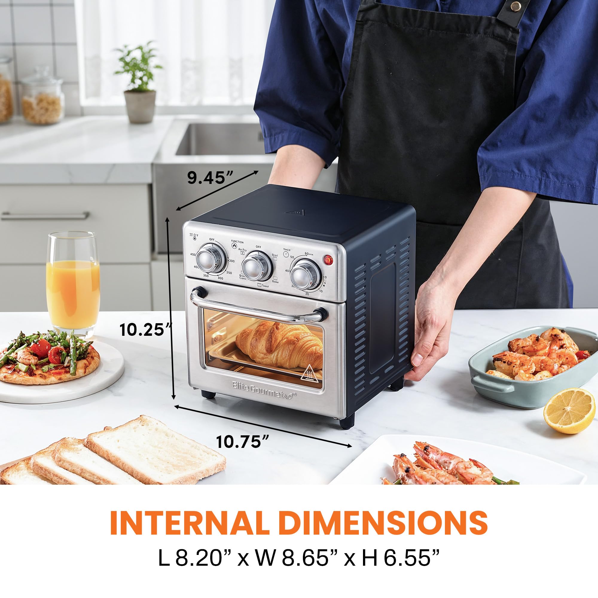 Elite Gourmet Compact 8.5Qt Air Fryer Oven – Mini Countertop Air Fryer with Adjustable Time & Temperature Controls, 800W, Includes Air Fry Basket, Bake Pan & Recipes, Stainless Steel