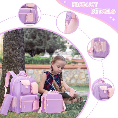 ZBAOGTW Girls Backpack with Lunch Box Backpacks for Girls 8-10 Backpack for School Purple Bookbag for School Kids Elementary Kids Backpack for School Backpack Travel Bag