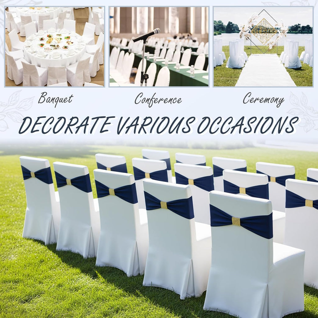 Moukeren Spandex Chair Sashes - 50 Pcs Stretch Covers with Slider Buckles | Navy Blue for Weddings & Events