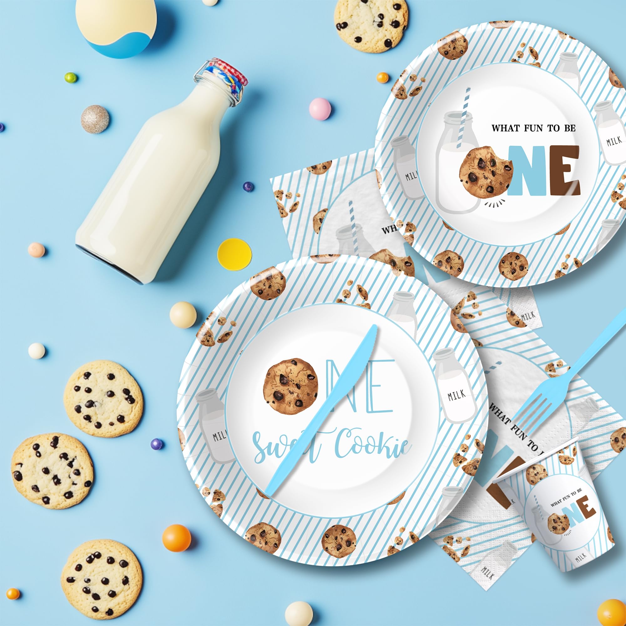 HIPVVILD Milk and Cookies 1st Birthday Decorations Tableware - One Sweet Cookie Birthday Party Supplies, Milk Theme Paper Plates and Napkins Set, Disposable Cutlery | Serves 24