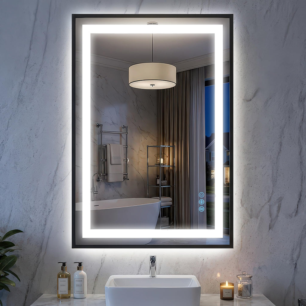 Antok 24X36 LED Bathroom Mirror with Lights, Vanity Mirror for Wall with Black Frame, Touch Control, Anti-Fog, Dimmable Lights, Shatter-Proof, Memory Function, Wall-Mounted Vanity Mirrors