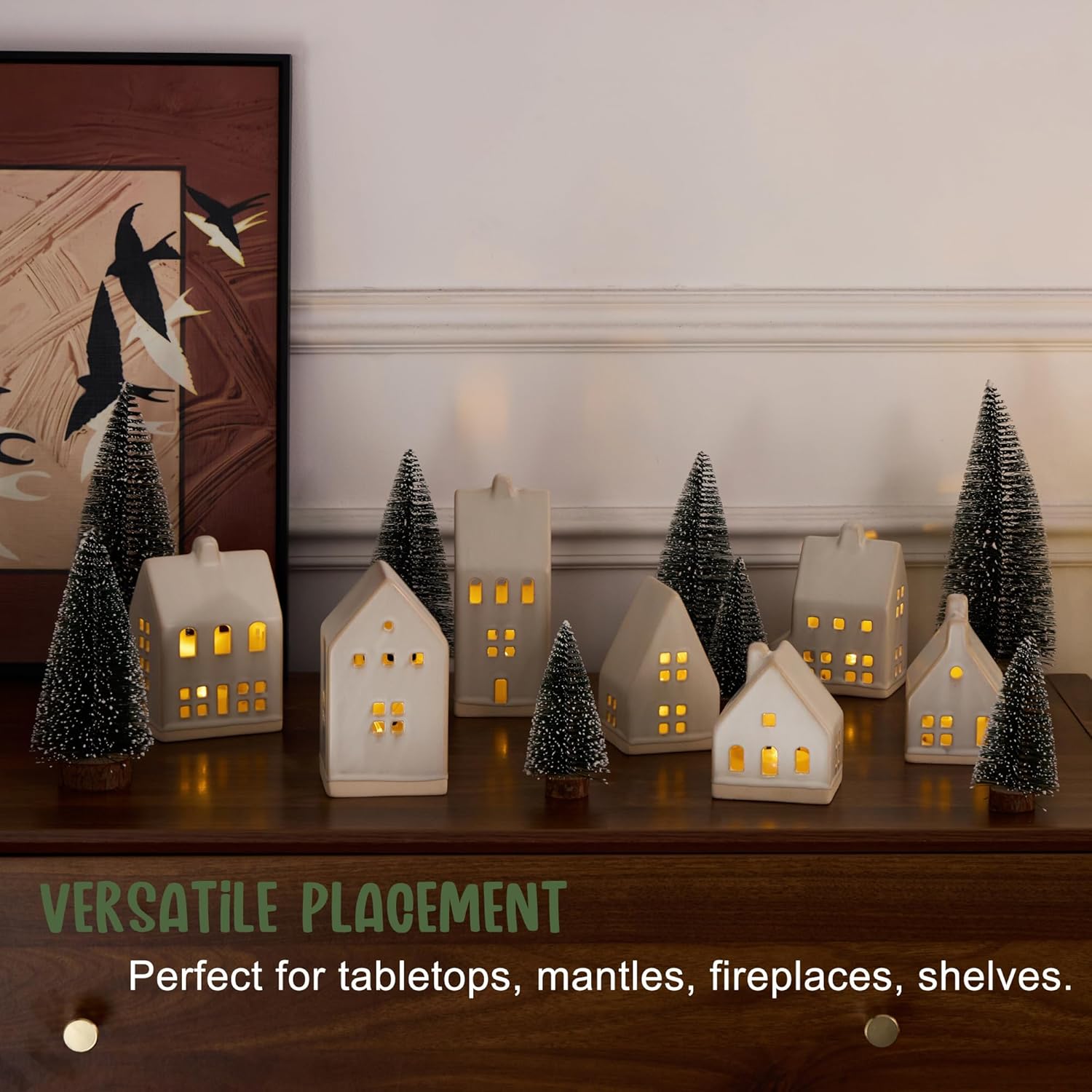 Skiennix 23 Pcs Christmas Village Set - 7 White Ceramic Houses with LED Tea Lights & Snow Trees | Festive Indoor Decor for Tabletop & Mantel