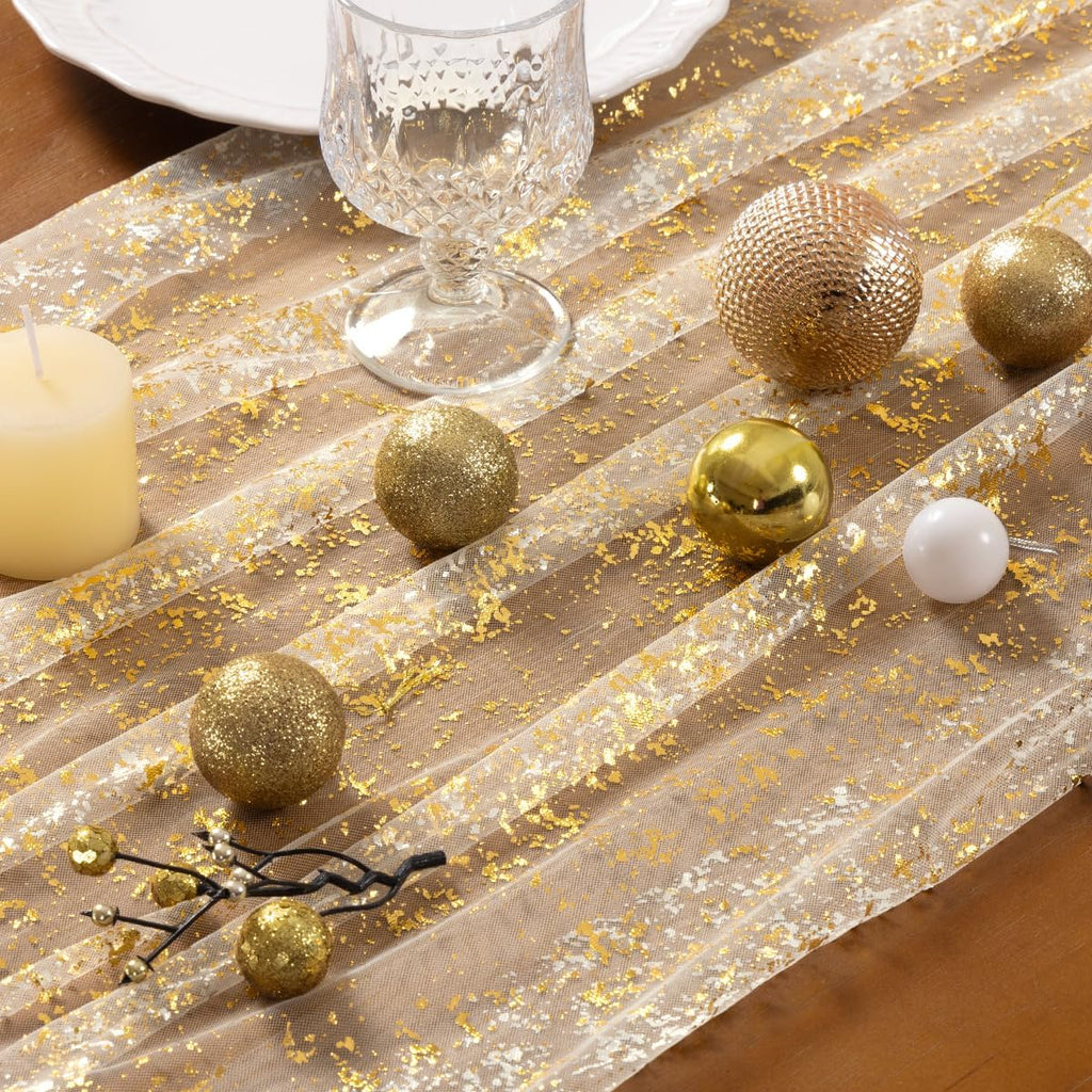 Socomi Gold Table Runner - Sheer Glitter Chiffon for Weddings & Parties | 10FT Beige Centerpiece Decor