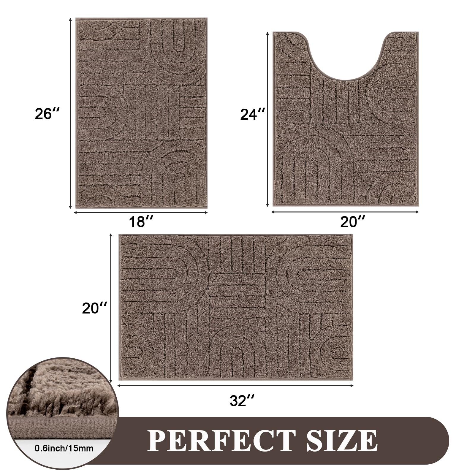 Vaukki Bathroom Rugs Sets 3 Piece, Brown Washable Non Slip Soft Bath Mats for Shower and Tub, Plush Absorbent Microfiber Toilet Rug U Shaped, 32x20+26x18+24x20 Inch