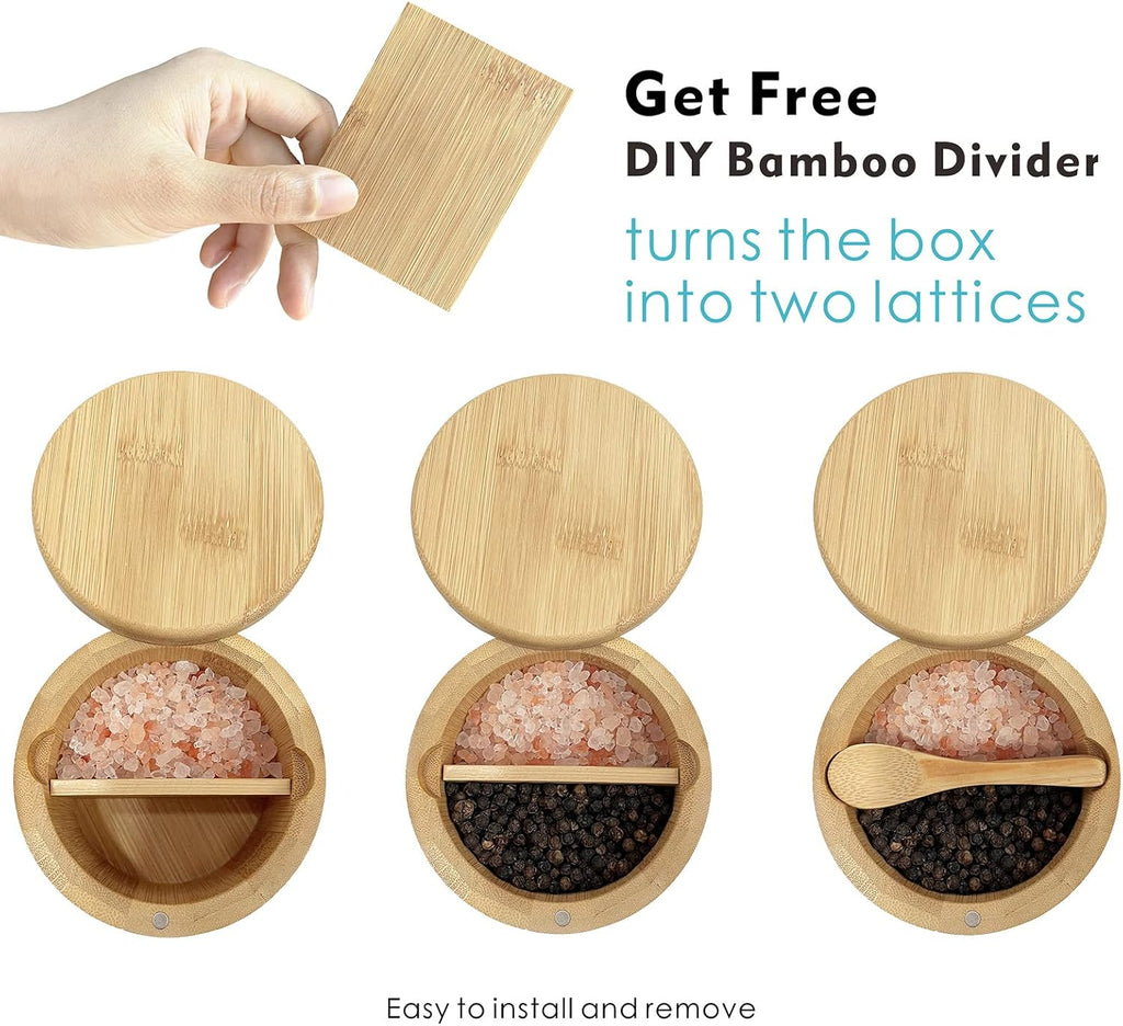 ThougrLyh Bamboo Salt Box - Magnetic Swivel Lid Salt Cellar with Spoon for Easy Storage | Small Spice Container