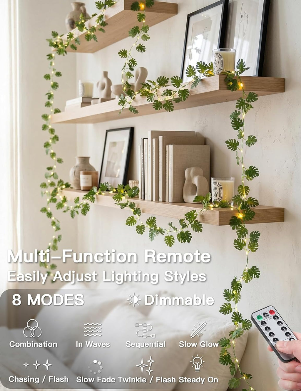 Suddus Vines String Lights - 33ft 100 LED Monstera Leaves | Battery & USB Powered with Remote for Indoor Tropical Decor