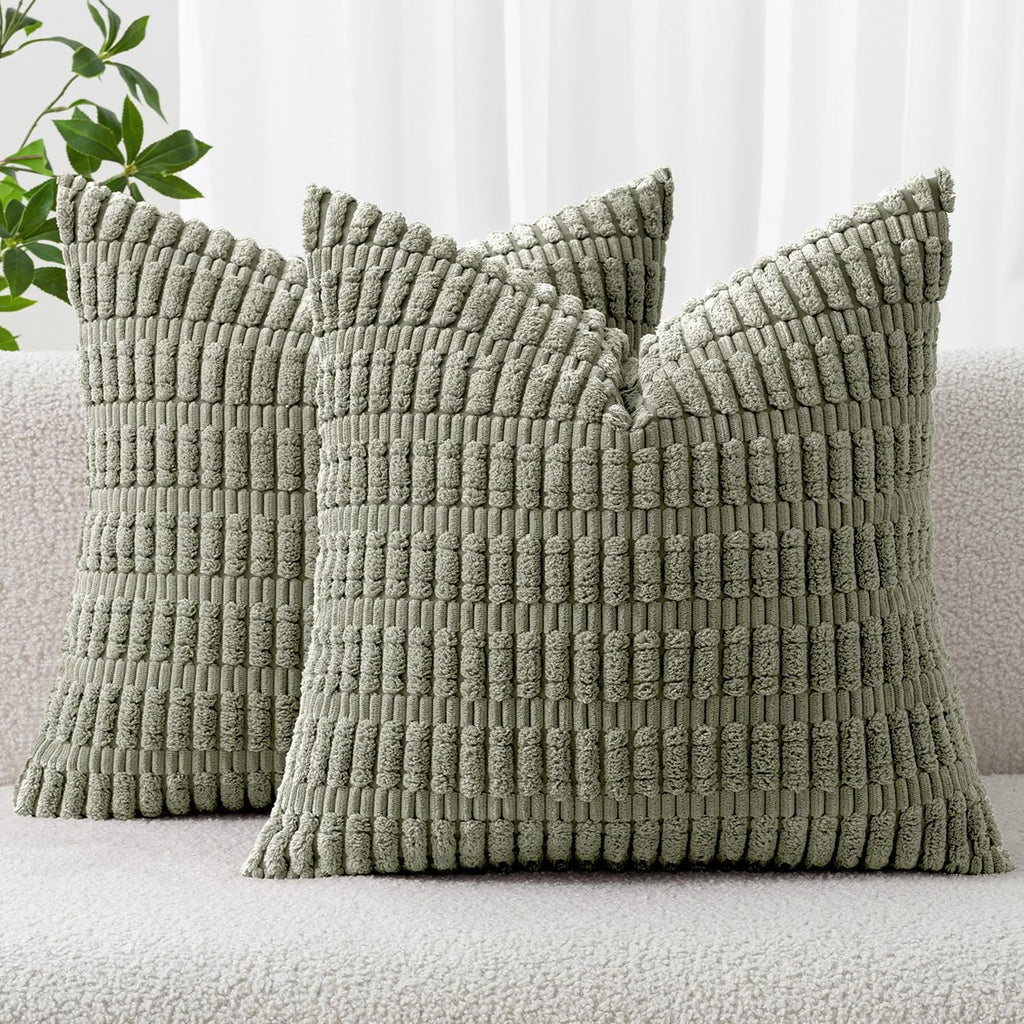 MIULEE Corduroy Throw Pillow Covers - Soft Boho Striped Design | 16x16 Inch Light Olive Green, Set of 2