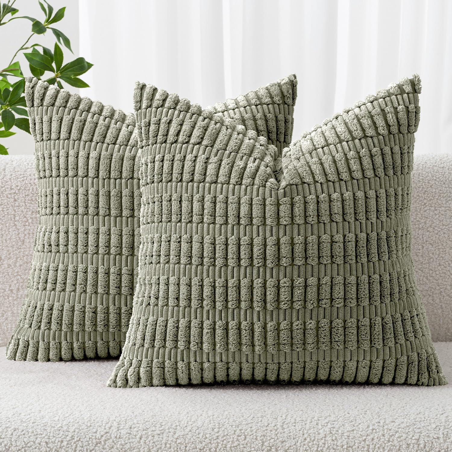 MIULEE Corduroy Throw Pillow Covers - Soft Boho Striped Design | 16x16 Inch Light Olive Green, Set of 2
