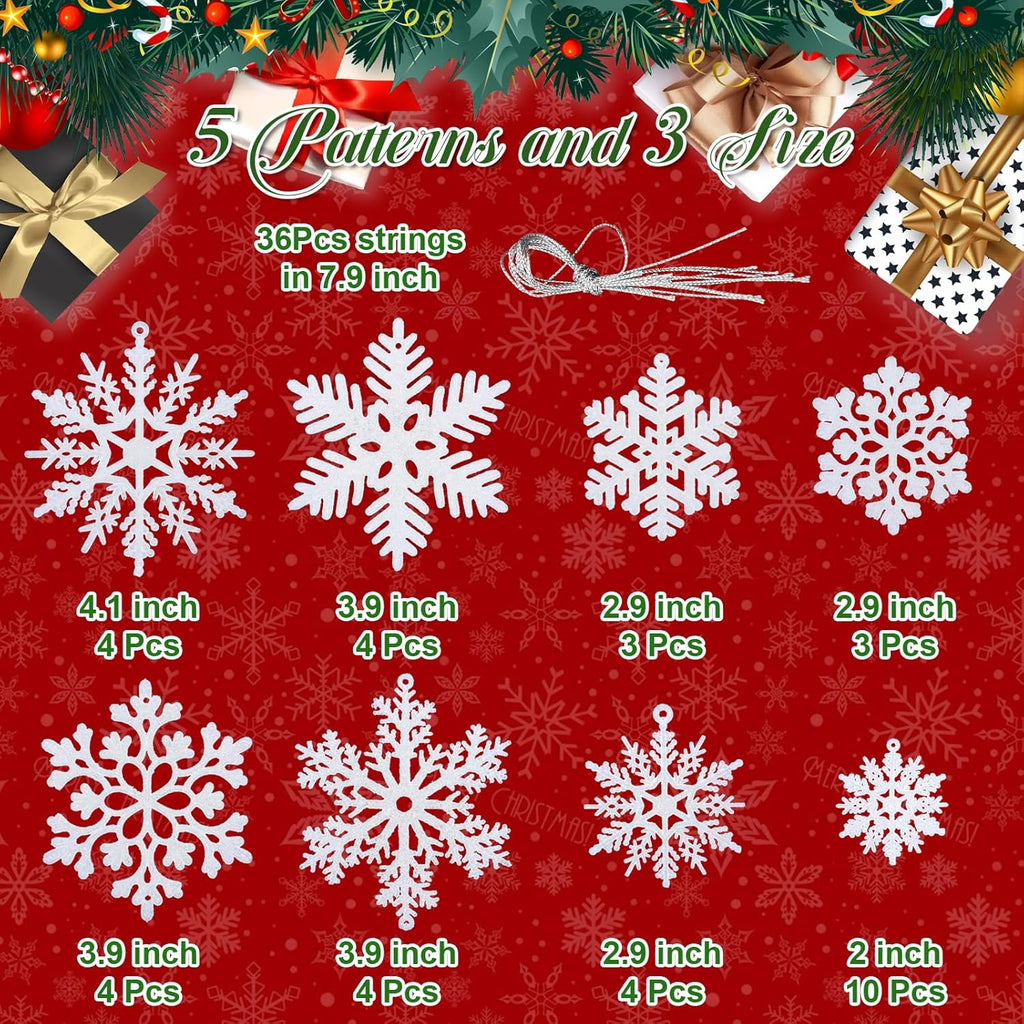 NEWMIAO Snowflake Ornaments - 36pcs Glitter Plastic Decorations in 5 Patterns for Winter Wonderland Decor