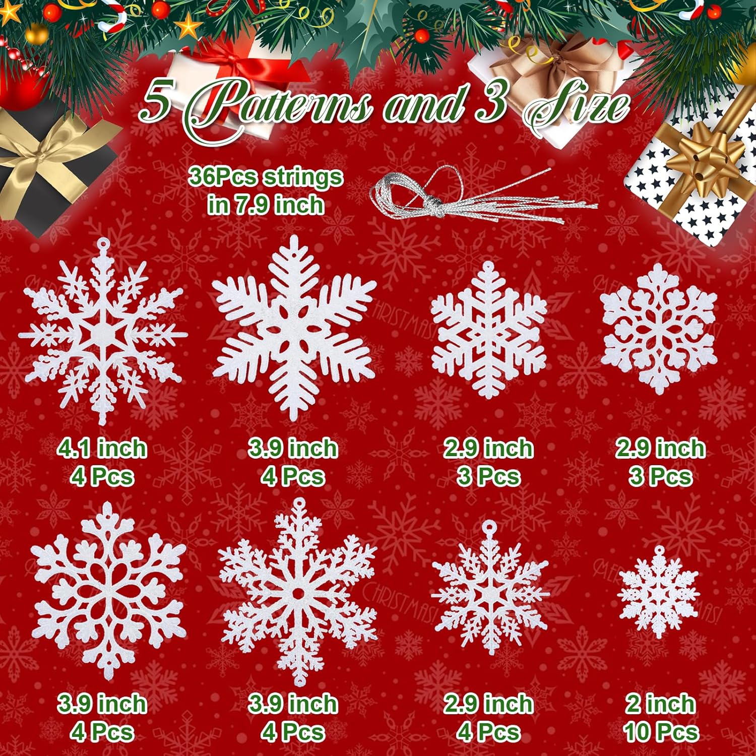 NEWMIAO Snowflake Ornaments - 36pcs Glitter Plastic Decorations in 5 Patterns for Winter Wonderland Decor
