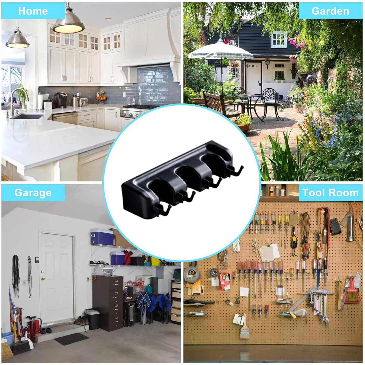 Wall-Mounted Broom and Mop Holder by [Brand Name] - 3 Slots & 4 Hooks Organizer for Home & Garage | Black