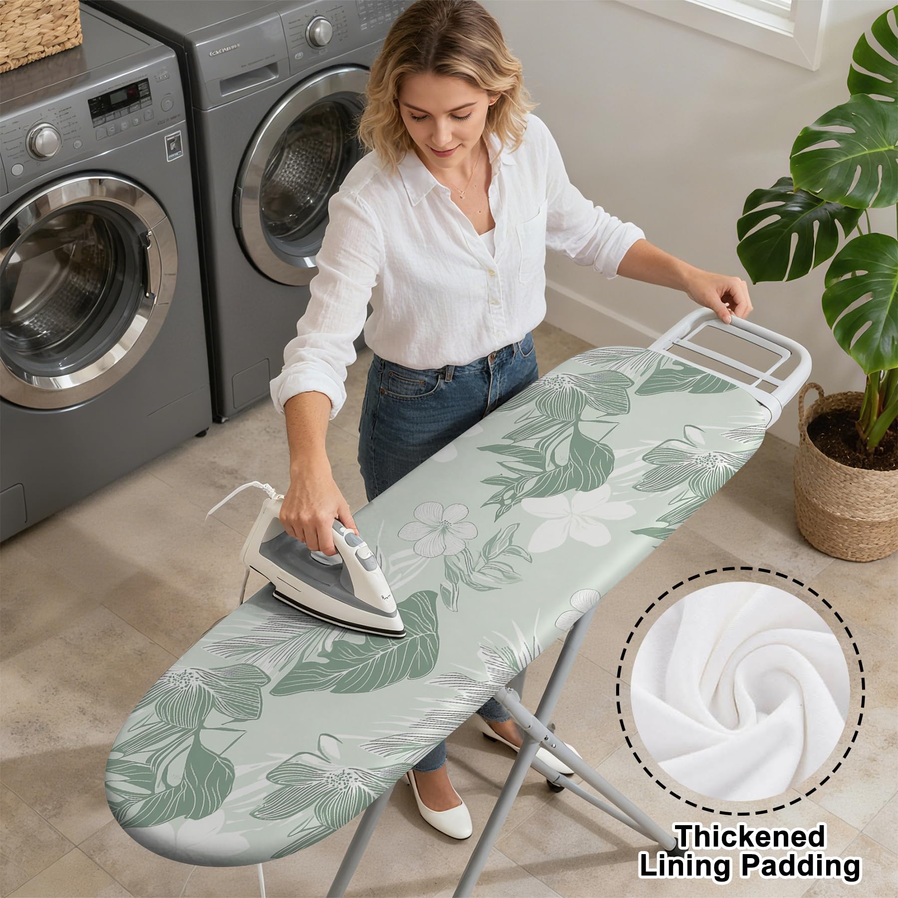 seewan Quick Install Ironing Board Cover 17" x 55" Ironing Board Cover with Nose Strap Pocket and Elastic Sides Anti-Slip and Heat-Resistant Stylish Home Ironing Board