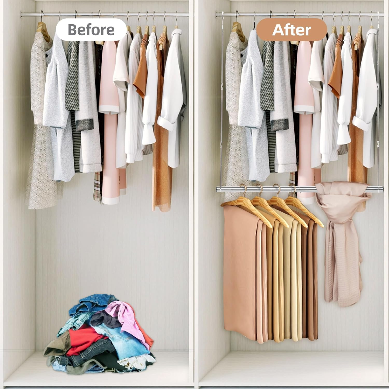 Storage Maniac Adjustable Closet Hanging Rod - Space-Saving Organizer for Clothes | Chrome Finish, 1 Pack