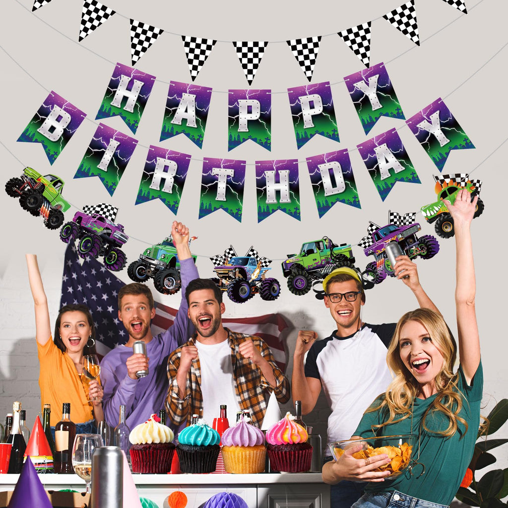 Pasimy 4 Pcs Monster Truck Birthday Banner Cars Truck Garland Black and White Checkered Flags Pennants Green Purple Happy Birthday Bunting Racing Car Theme Party Decorations Supplies
