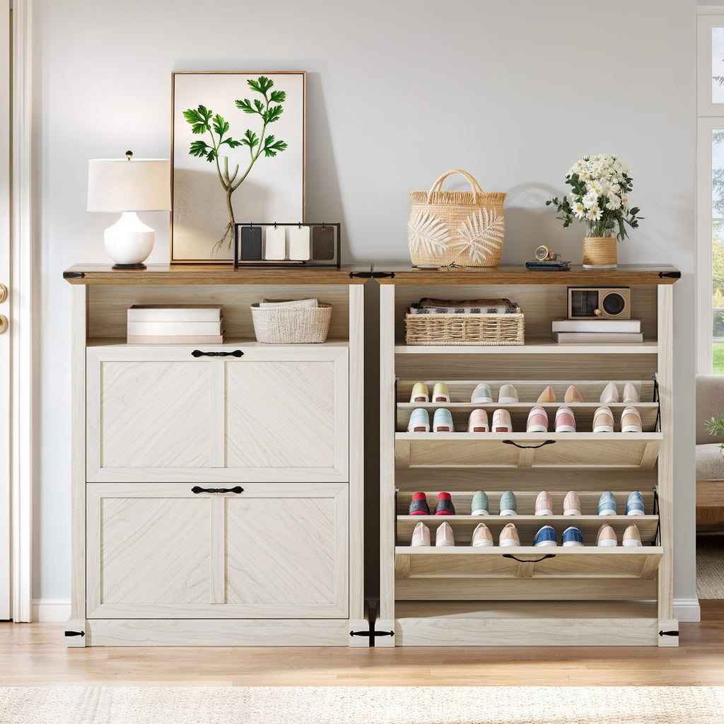 YITAHOME Shoe Cabinet for Entryway, 40inch Tall Shoe Storage Cabinet, Slim Shoe Cabinet with 2 Flip-Out Drawers & 1 Open Shelf, Shoe Storage for Entryway Hallway, Off White