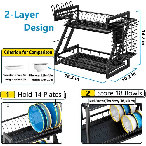 Loyalfire Dish Drying Rack, Stainless Steel 2 Tier Dish Rack with 2 Drainboard Set, Utensil Holder Dish Drainer, Cup Hanging Holder for Kitchen Counter with Multipurpose Design Easy Installation