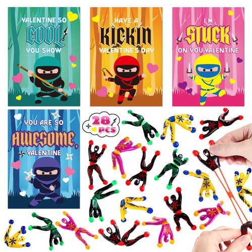 SpringFlower 28 Pack Valentine's Day Cards for Kids, Valentines Greeting Cards With Sticky Wall Climbing Men Ninja Toys for Boys Girls School Classroom Gifts Exchange, Valentine's Prizes Party Favors