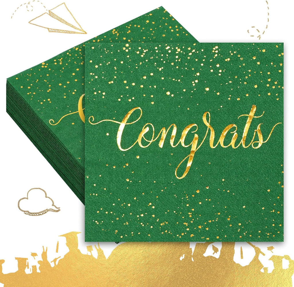 Whaline Graduation Cocktail Napkins - 80 Pack Green & Gold Foil Congrats Design | Disposable Tableware