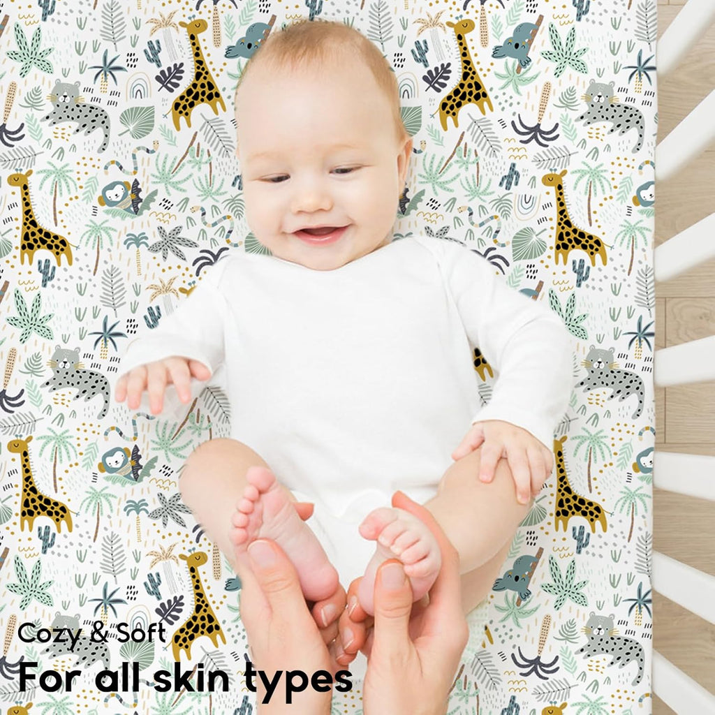 Yoofoss Fitted Pack and Play Sheets - Soft, Breathable Mini Crib Sheets 2-Pack in Green & Giraffe Design
