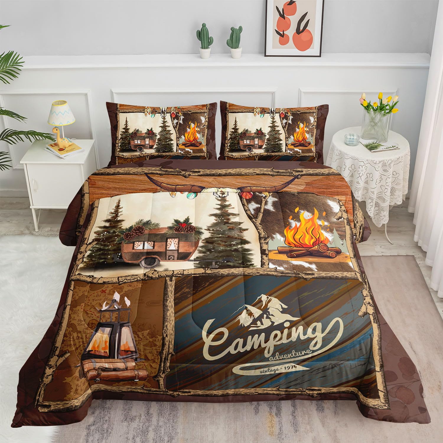 Smell Sunshine Camping Cabin Comforter Set for Kids Teens,Outdoor Adventure Campfire Comforter Set with 1 Comforter and 2 Pillowcases for Teens and Boys Bedroom All Season(Camping Cabin Twin)