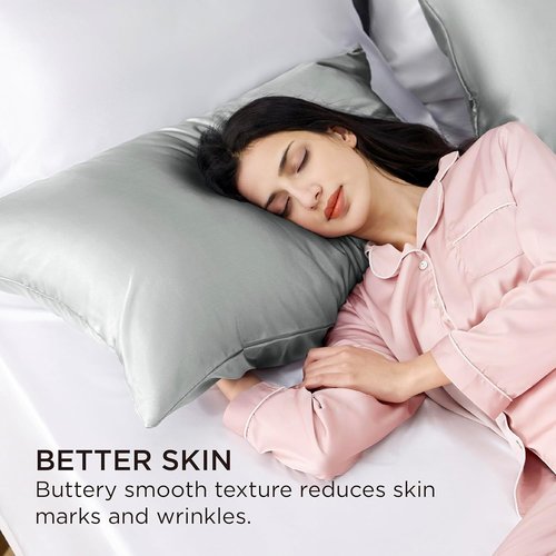 Bedsure Satin Pillowcases - Silky Soft Zippered Pillow Covers for Hair & Skin | Grey Queen Size Set of 2 (20x30 Inches)
