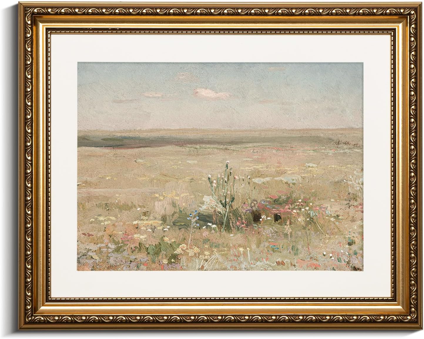 VIYYIEA Gold Framed Canvas Print - Vintage Meadow Landscape Oil Painting | Floral Home Decor 13x16in