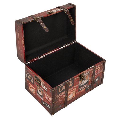 Household Essentials Medium Decorative Trunk, Coffee Shop Faux Decoupage, Antique Exterior, Leather and Metal Accents, Fabric Interior, Hinged Lid, Brown