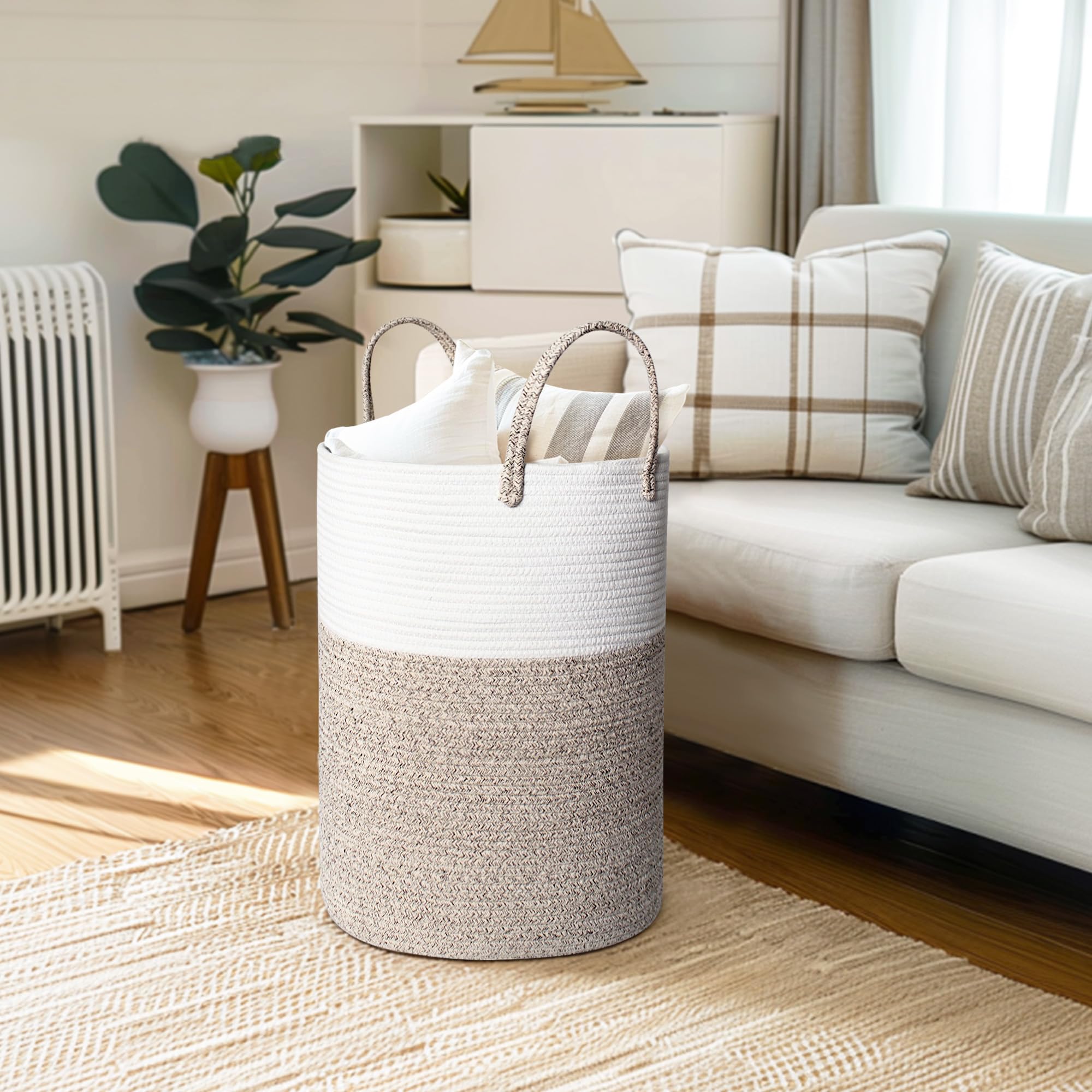WILLITAT Large Woven Laundry Basket, 15”x18” Tall Blanket Basket Living Room, Cotton Rope Hamper for Bedroom Aesthetic, Baby Nursery, Wicker Hamper for Dirty Clothes, Kids Toy Laundry Storage Bin