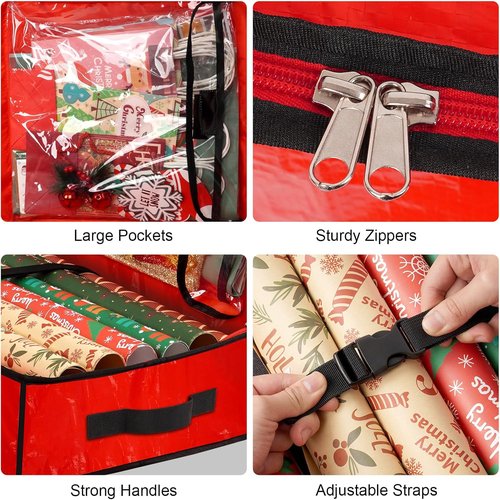 HikooLSS Wrapping Paper Organizer - Durable Underbed Storage for 24 Rolls | Red 43.2" with Pockets