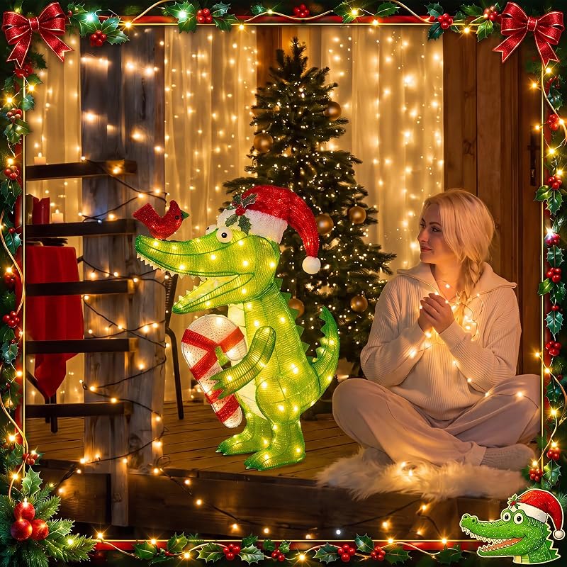 Christmas Lighted Alligator Yard Decoration with Santa Hat - 26.7in Outdoor Crocodile