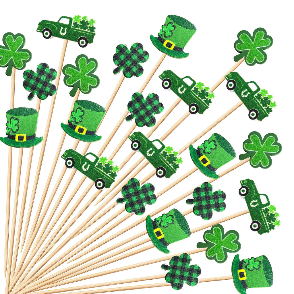 100 Pcs St Patrick's Day Shamrock Cocktail Picks Irish Green Hat Beer Clover Cupcake Toppers Disposable Party Shamrock Sticks for St. Patrick's Day Decoration Party(Truck Style)