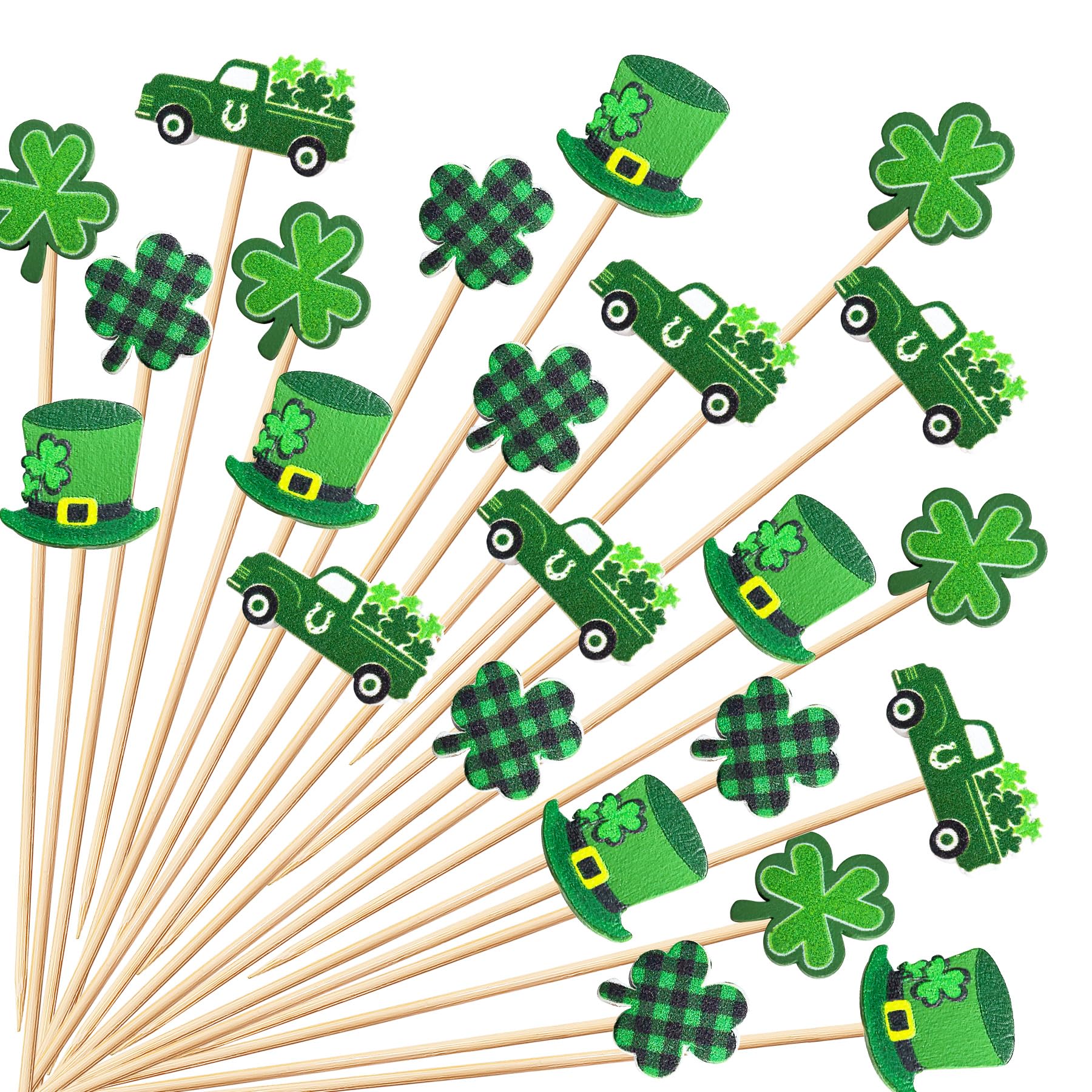 100 Pcs St Patrick's Day Shamrock Cocktail Picks Irish Green Hat Beer Clover Cupcake Toppers Disposable Party Shamrock Sticks for St. Patrick's Day Decoration Party(Truck Style)