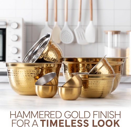 COOK WITH COLOR 18-Piece Mixing Bowls Set - Handcrafted Stainless Steel with Airtight Lids | Gold Hammered Finish