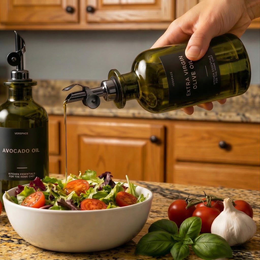 Verspace UV-Protected Green Glass Olive Oil Dispenser Bottles For Kitchen - 2 Pack - 12oz Includes 40 Kitchen Essential Labels, Avocado Oil Dispenser Set, Modern Decor for Home, Airbnb, Cafe