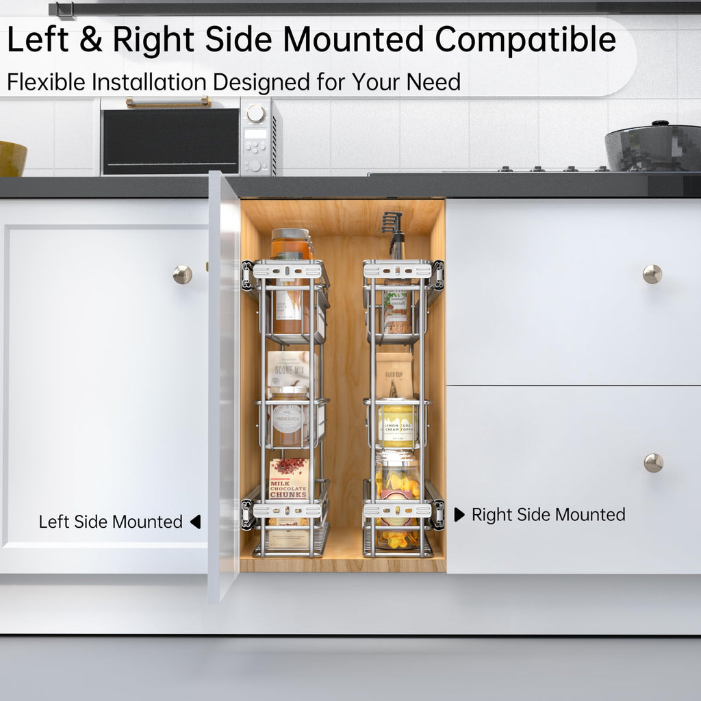 JOWBOOW Narrow Pull Out Cabinet Organizer, 4" Skinny Side Mount Spice Rack for Frameless Cabinets, Heavy Duty 3-Tier Zero Wobble Slide Out Shelf