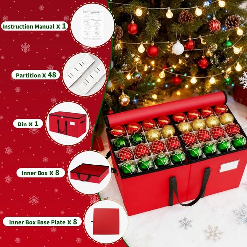 EverMerry Christmas Ornament Storage Box - Large Sturdy Container with Adjustable Dividers & 8 Trays (Red)