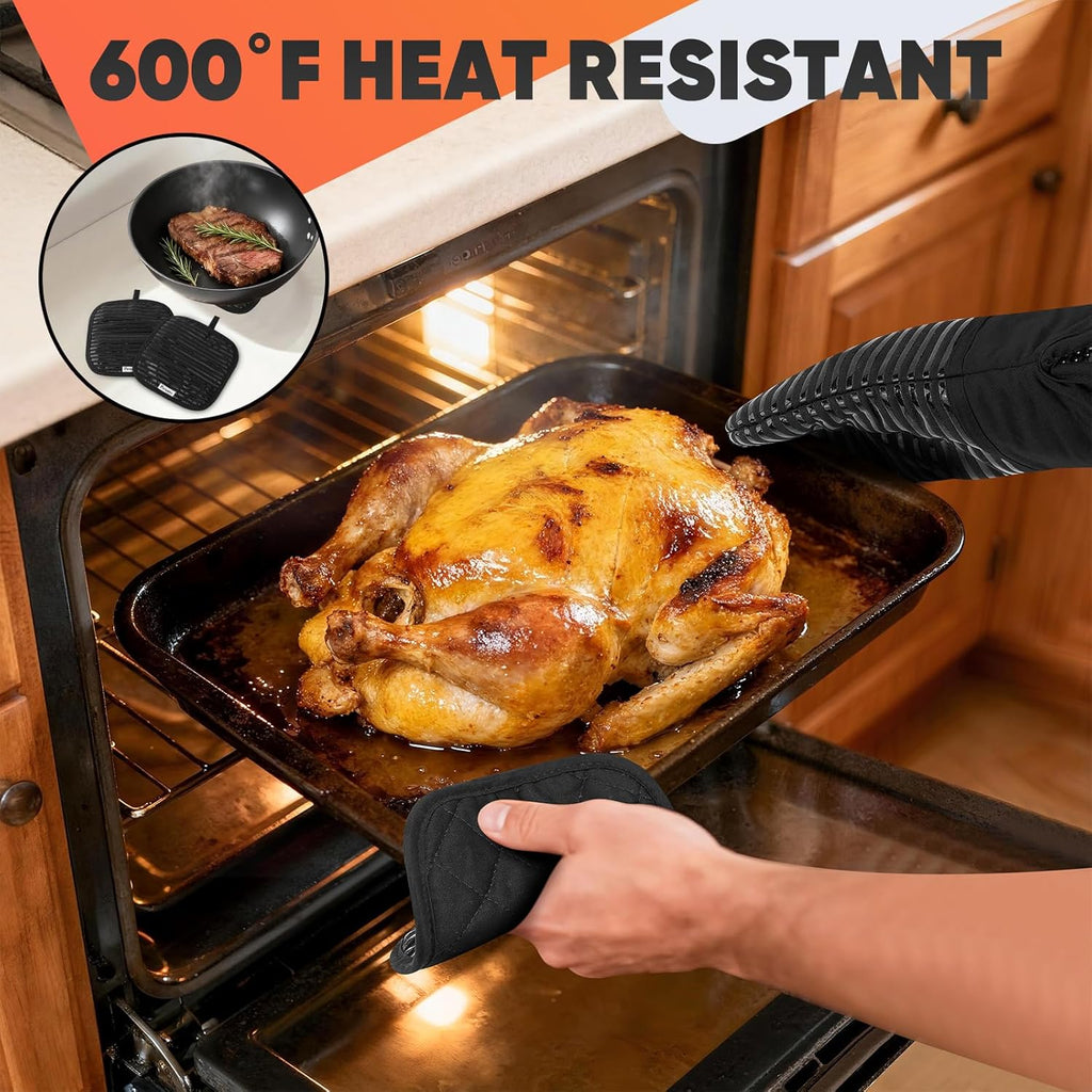 Skiennix Oven Mitts Set - 500°F Heat Resistant Gloves with Silicone Grip & Kitchen Towels | 2 Gloves, 2 Potholders, 4 Towels