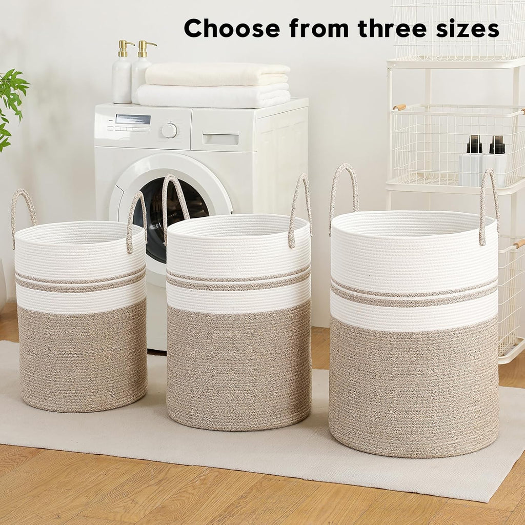 Skiennix Laundry Basket Hamper - Tall Woven Rope Storage for Blankets & Toys | 60L Brown & White