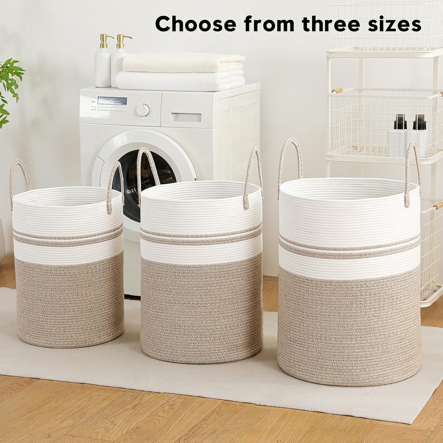 Skiennix Laundry Basket Hamper - Tall Woven Rope Storage for Blankets & Toys | 60L Brown & White
