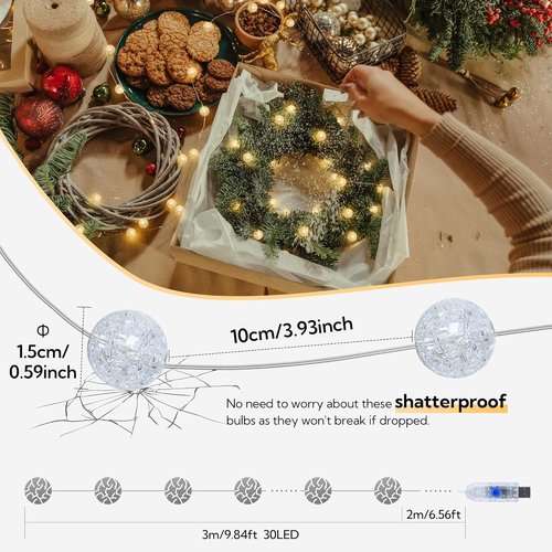 Globe String Lights - 10FT 30 LED Decorative Fairy Lights | 8 Modes Crystal Crackle Balls for Indoor & Outdoor Use