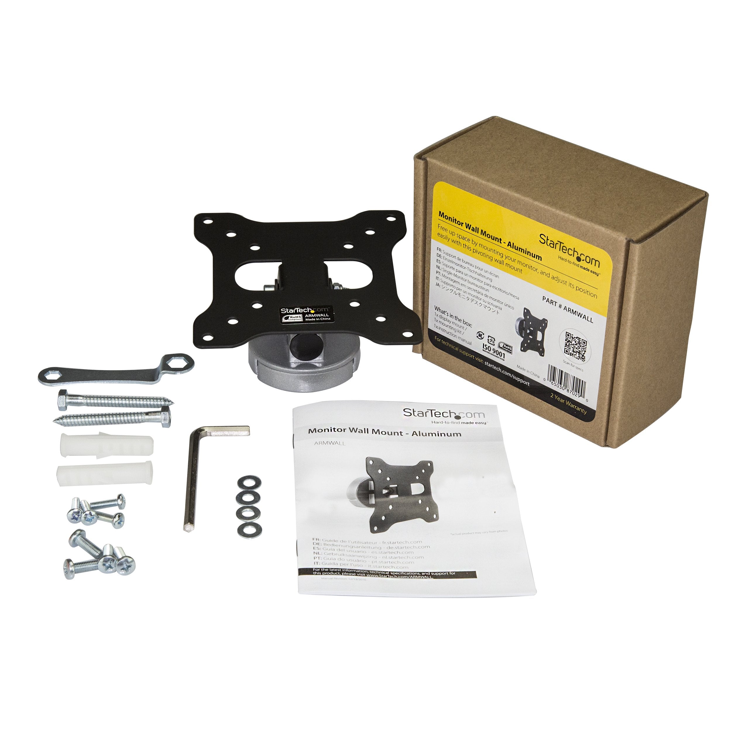 StarTech.com Monitor Wall Mount - Fixed - Supports Monitors 13” to 34” - VESA Monitor Wall Mount Bracket - Aluminum - Black & Silver (ARMWALL)