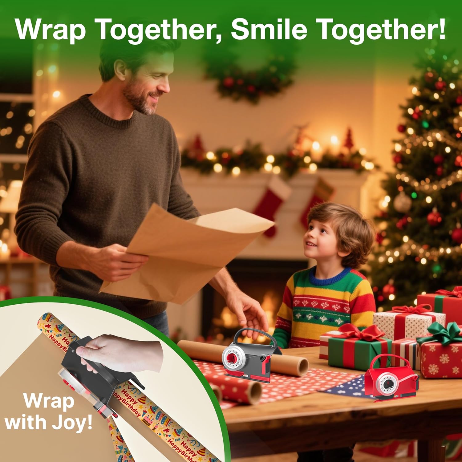 Wraprocut Wrapping Paper Cutter & Tape Dispenser - 2-Pack with 4 Tapes & 2 Replacement Blades for Easy Gift Wrapping