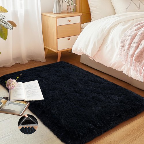 AAFKK Black Area Rug for Bedroom, 2x3 Small Rugs for Living Room Nursery Kids Room Dorm Home Decor Aesthetic, Fluffy Shaggy Rug with 4 Anti-Slip Carpet Tapes