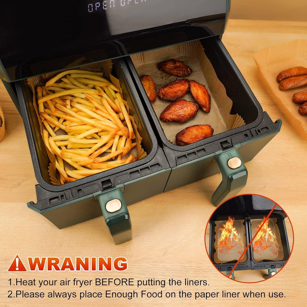 Skiennix Air Fryer Parchment Paper Liners - 100 Pcs Non-Stick, Unbleached Sheets for Dual Basket Models | 8.6x5.5 Inch