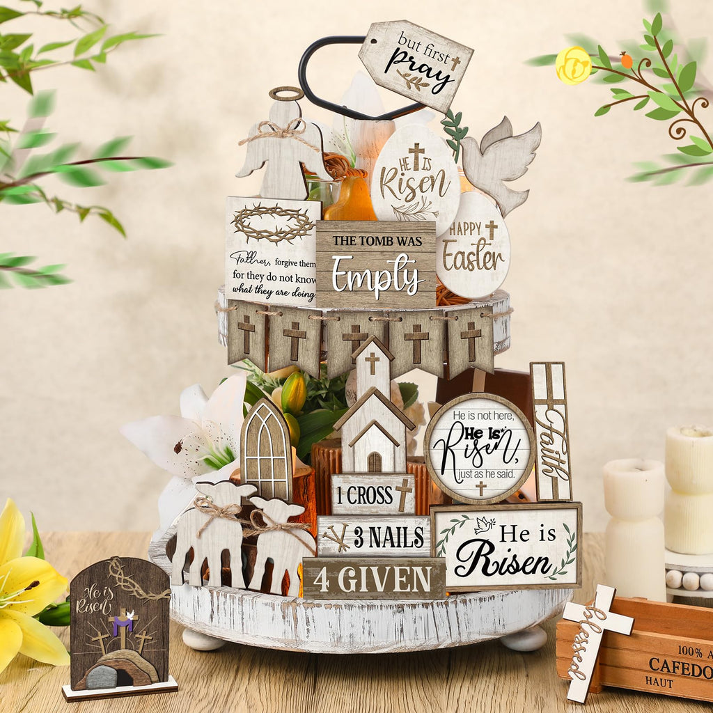 Yuntau 24 Pcs Easter Tiered Tray Decor Religious Easter Decorations He is Risen Cross Tray Decoration Sets Christian Cross Table Wooden Sign Farmhouse Table Decor for Home Kitchen Office Holiday