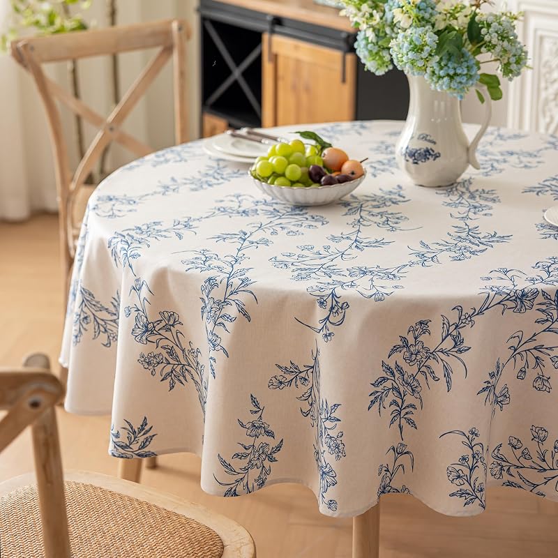 Round Tablecloth 70 Inch - Faux Linen Water-Resistant Floral Blue, 70" Diameter