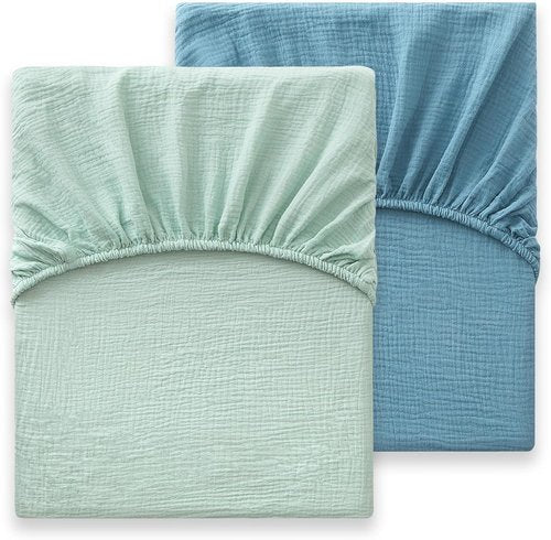 Bailix Heavyweight Muslin Baby Crib Sheets - 2-Pack 52"x28" Organic Cotton Fitted Sheets | Soft & Breathable (Blue, Light Green)