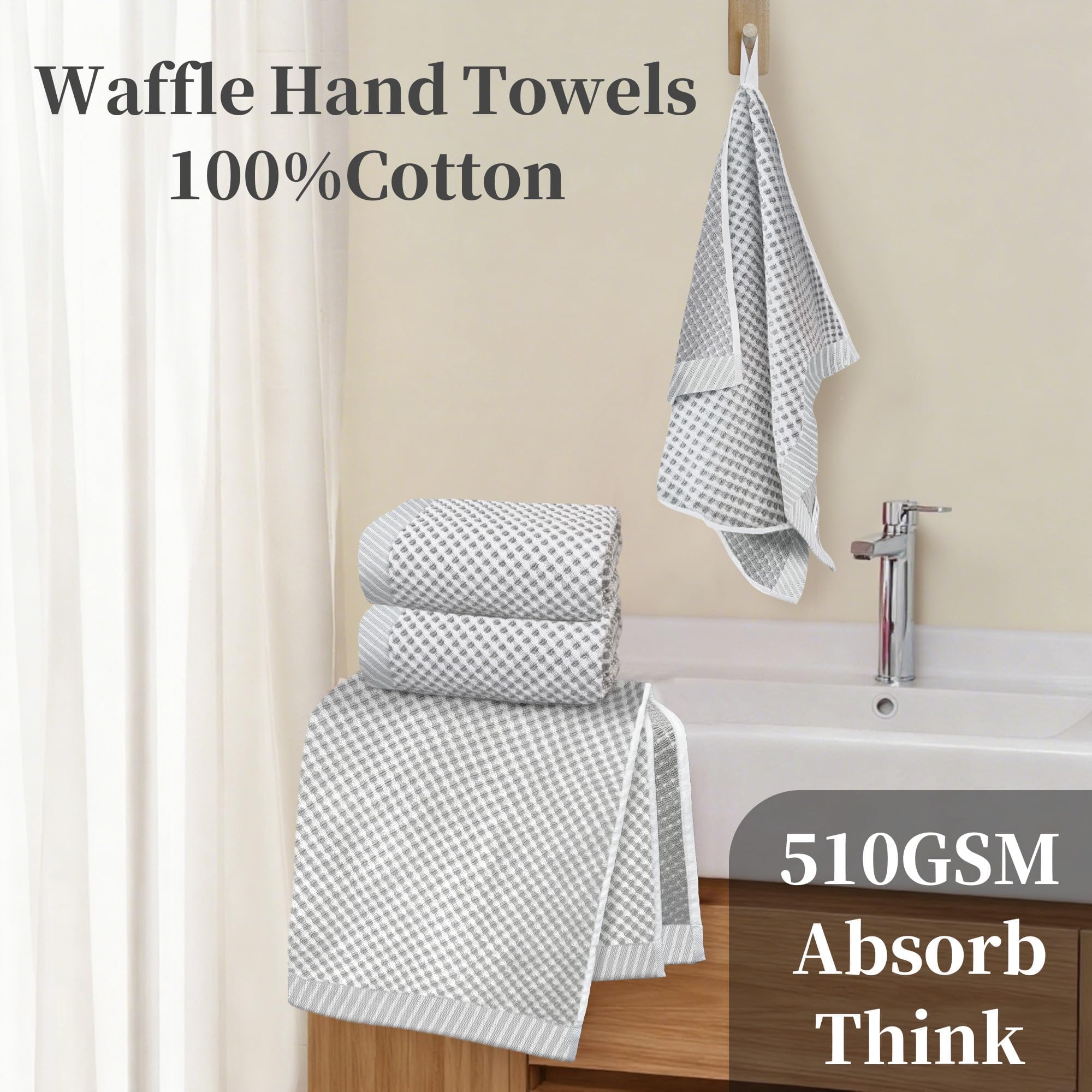 VOOVA & MOVAS 100% Cotton Waffle Large Hand Towels 4PC – Luxury Hand Towels with Hanging Loop 20"x30" | Soft | Absorb | Quick Dry | Lightweight, Durable Bathroom Essentials, White and Gray Waffle